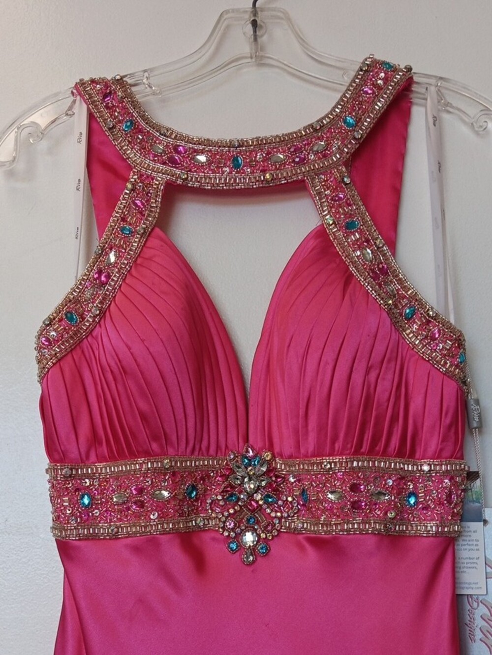 Riva Designs Hot Pink Beaded Halter Maxi Gown - Picture 4 of 10